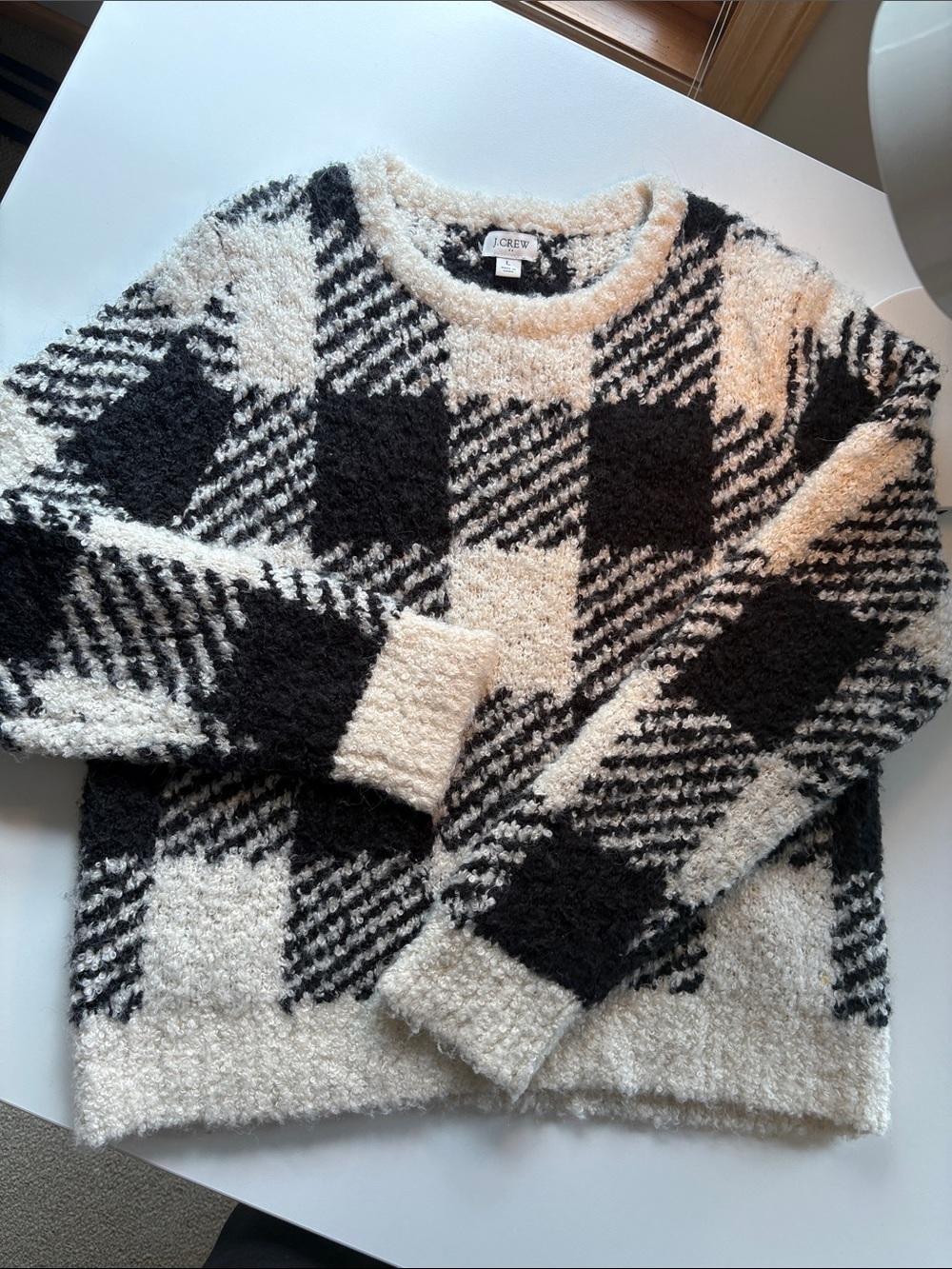 J. Crew Cozy Black and Cream Plaid Bouclé Crewneck Sweater